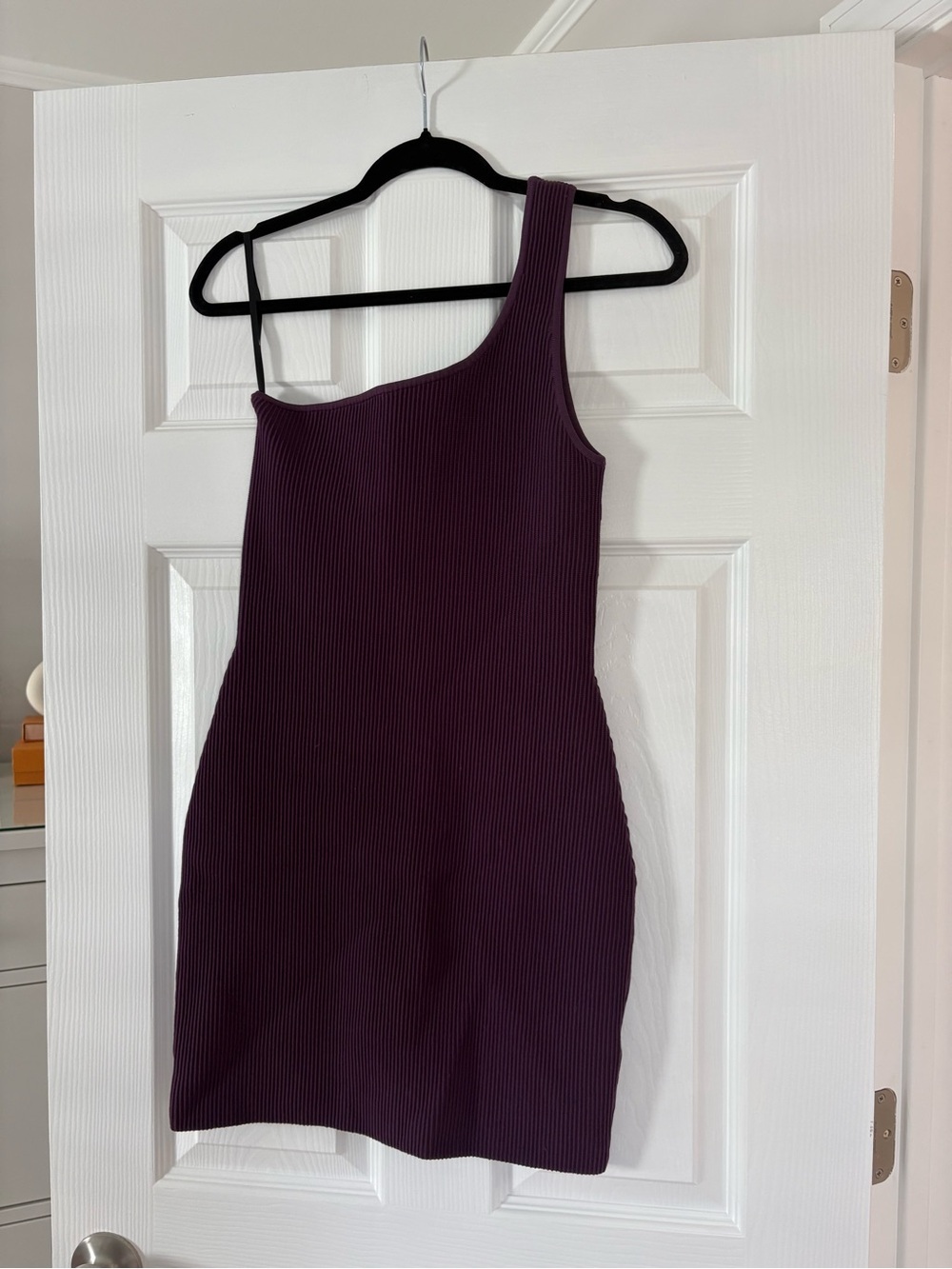 Aritzia Babaton One-Shoulder Ribbed Mini Dress in Deep Purple